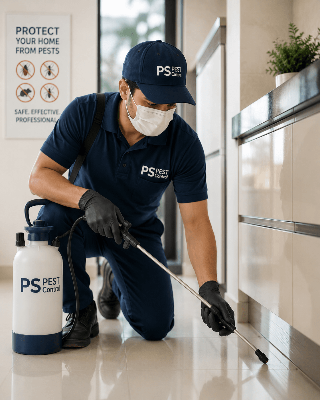 Professional pest control technician performing inspection